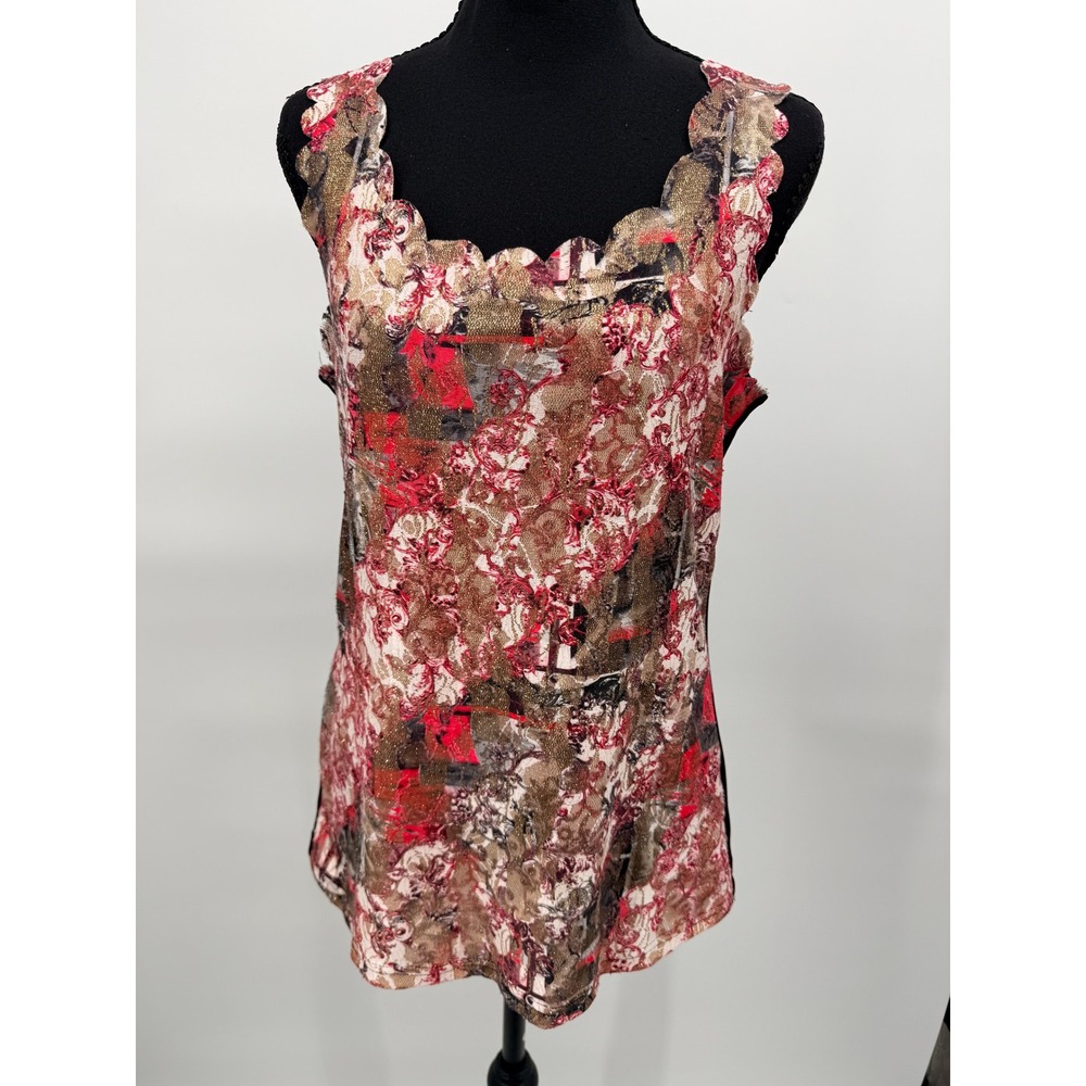 Coco + Carmen Tank Top Women L/XL Red Gold Black Excellent Scalloped Lace Mesh